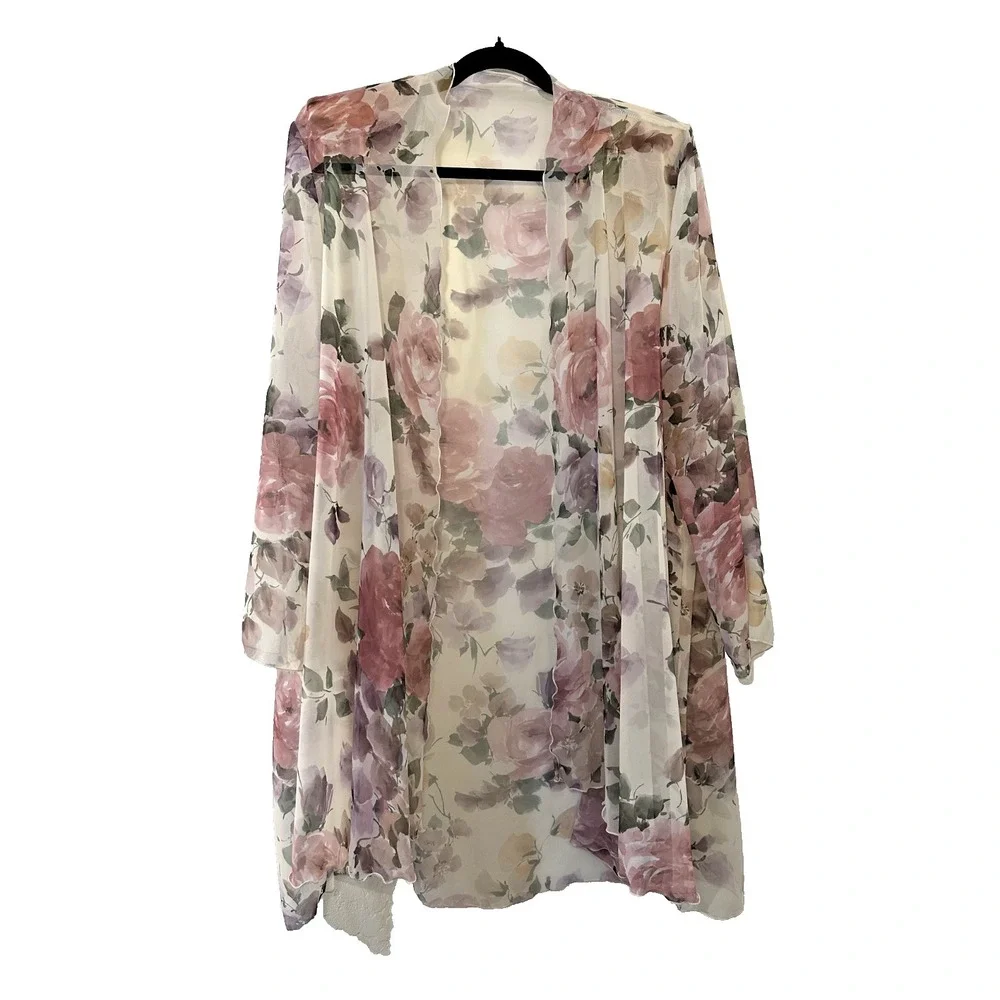 VTG Womans Floral Duster Cardigan Size 18 Cottage Rosette Garden Scalloped Trim